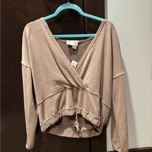 Anthropologie Tan Wrap Tie Front Blouse